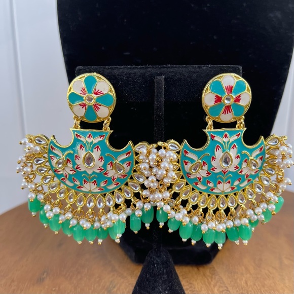 Mint Green Meenakari Chandbali Earrings | Floral Enamel Dangle - Picture 4 of 10